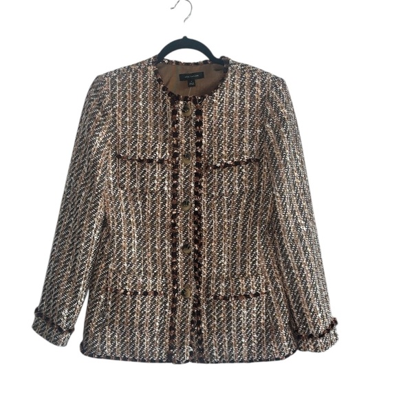 Ann Taylor Metallic Fringe Tweed Blazer Jacket Brown Size 4 NWT - Picture 3 of 12